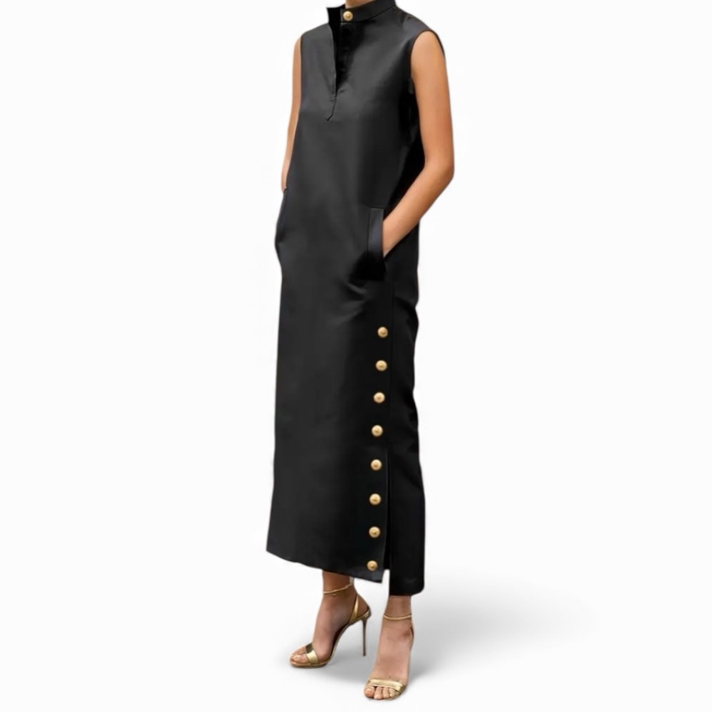 Elegant Black Sleeveless Dress with Gold Button Accents - Picture 1 of 5